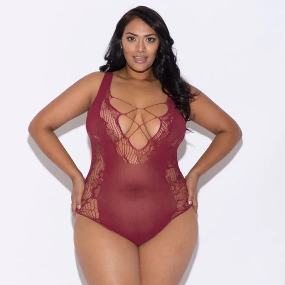 Knit & Floral Lace Stretch Bodysuit Red Cabernet Plus Size Sexy Lingerie New - Picture 2 of 3